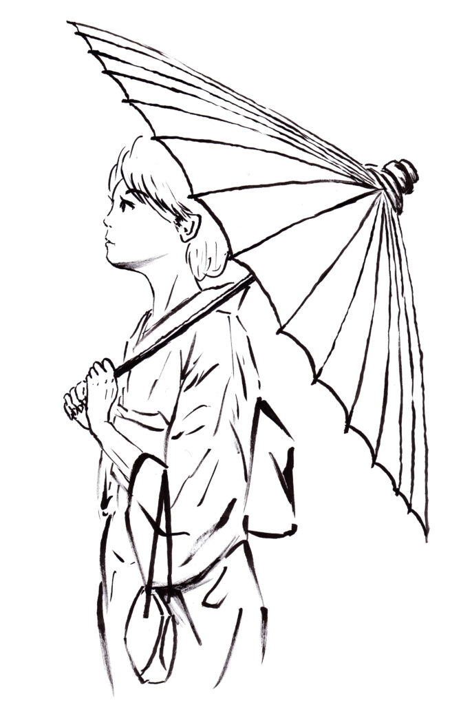 傘をさす着物姿の女性